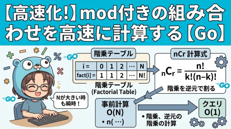 【Go言語】mod付きの組み合わせ（nCk）を高速に計算する